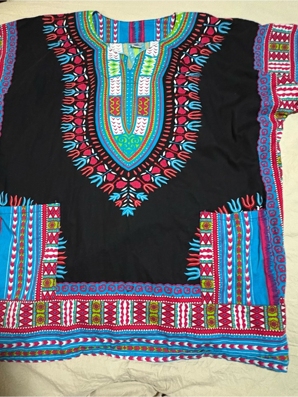 Black Boho Dashiki Tunic with Vibrant Multicolor Print